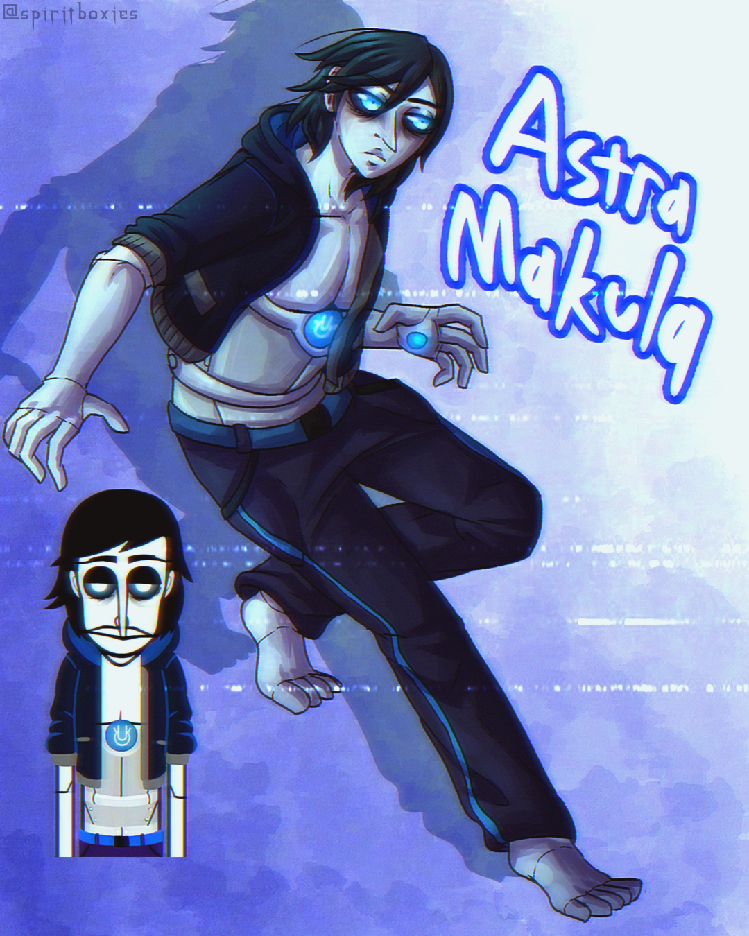 illustration of astra makula with a sleaker, more humanoid, white cyborg body. he's wearing a dark blue cropped jacket and matching sweatpants instead of his cloak. a polo version of this design is in the bottom left. text in the top right reads 'astra makula'